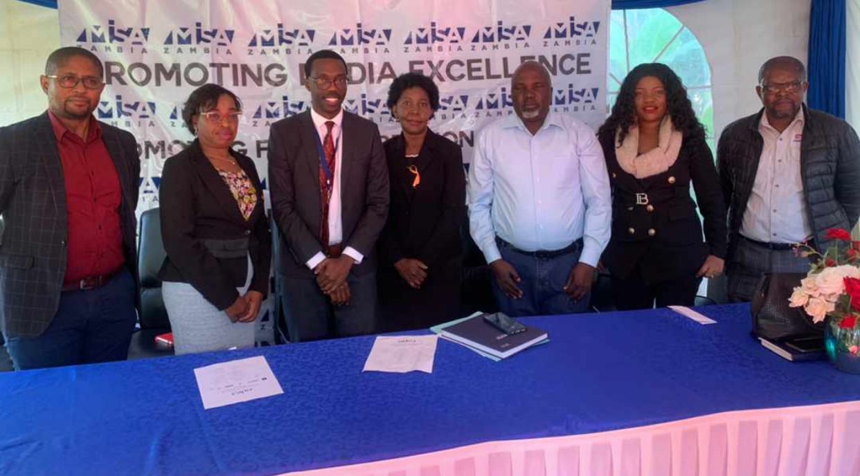 anos Programmes Manager, Mr. Nervious Siantombo (far right), NGOCC representative Ms. Fridah Nkonde Mubanga (2nd from right), and other sponsors'representatives at the awards launch on 22 June 2023. 